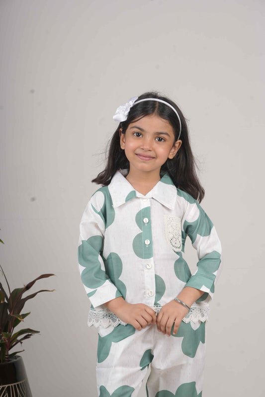 Girls Green Polka Print Cotton Cord Set
