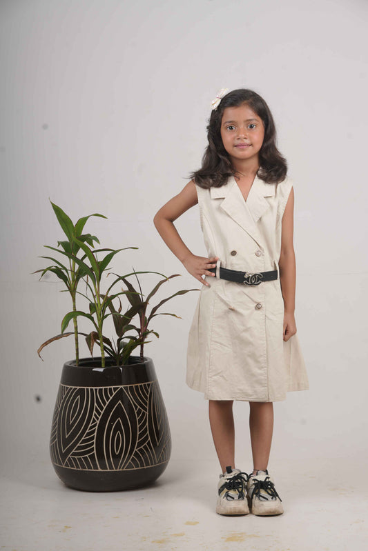 Girls’ Cream One-Piece Middy Dress with Belt – Elegant Party & Casual Wear