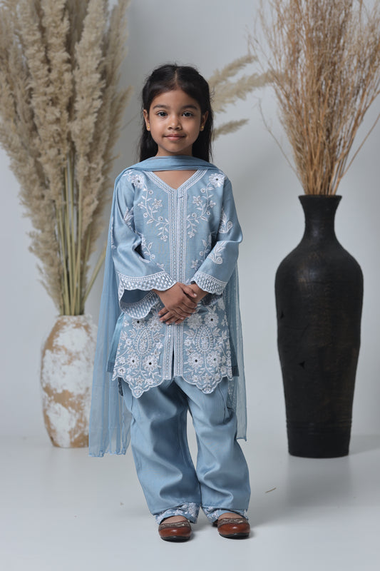 Kids Hand Work Cord Set – Sky Blue with White Embroidery