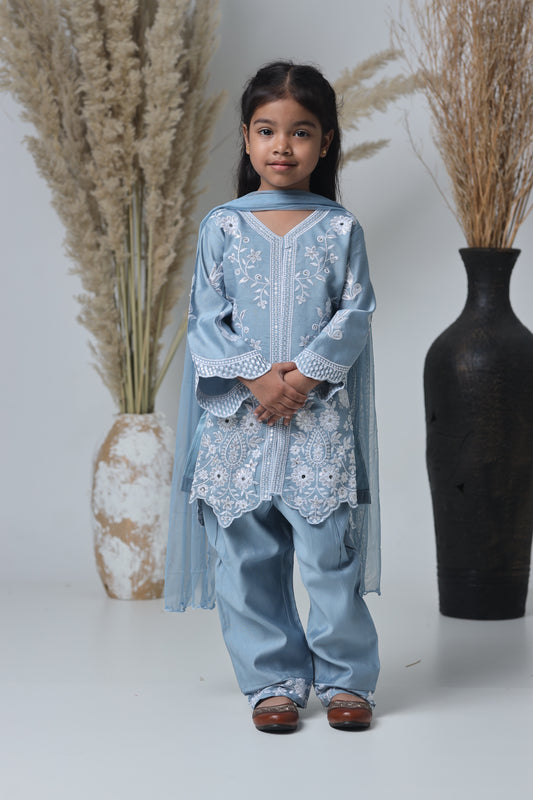 Kids Hand Work Cord Set – Sky Blue with White Embroidery