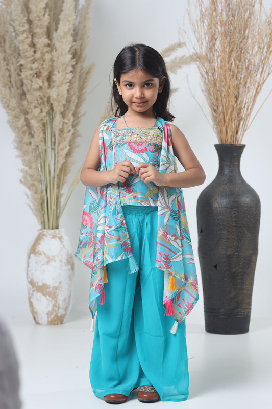 Kids Shrara Set with Jacket – Blue & Multicolor Print
