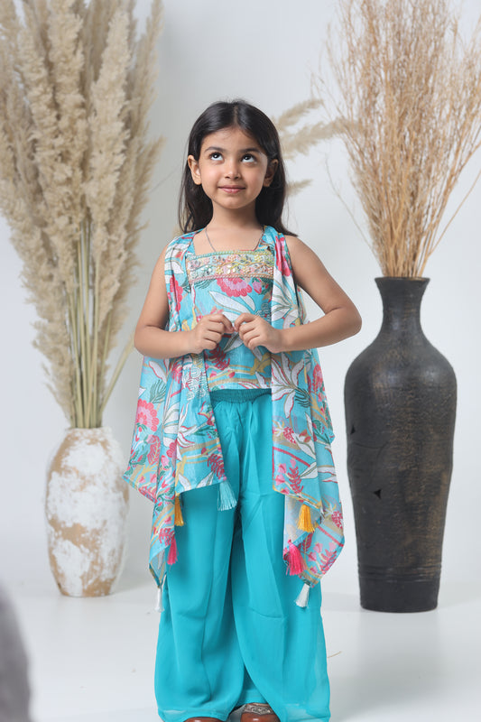 Kids Shrara Set with Jacket – Blue & Multicolor Print