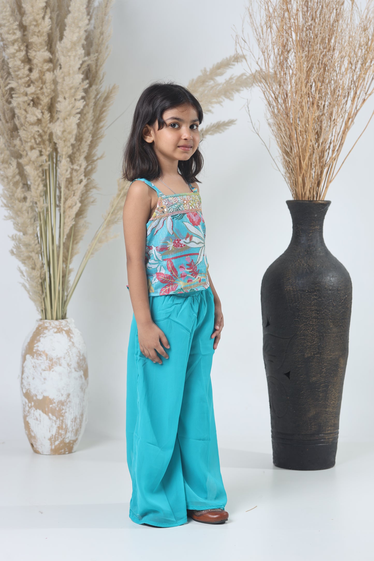 Kids Shrara Set with Jacket – Blue & Multicolor Print