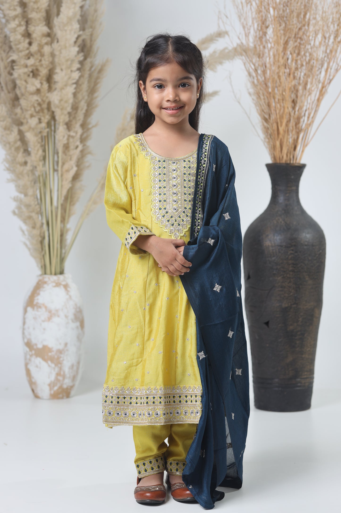 Girls Embroidered Yellow-Green Three-Piece Suit with Navy Dupatta