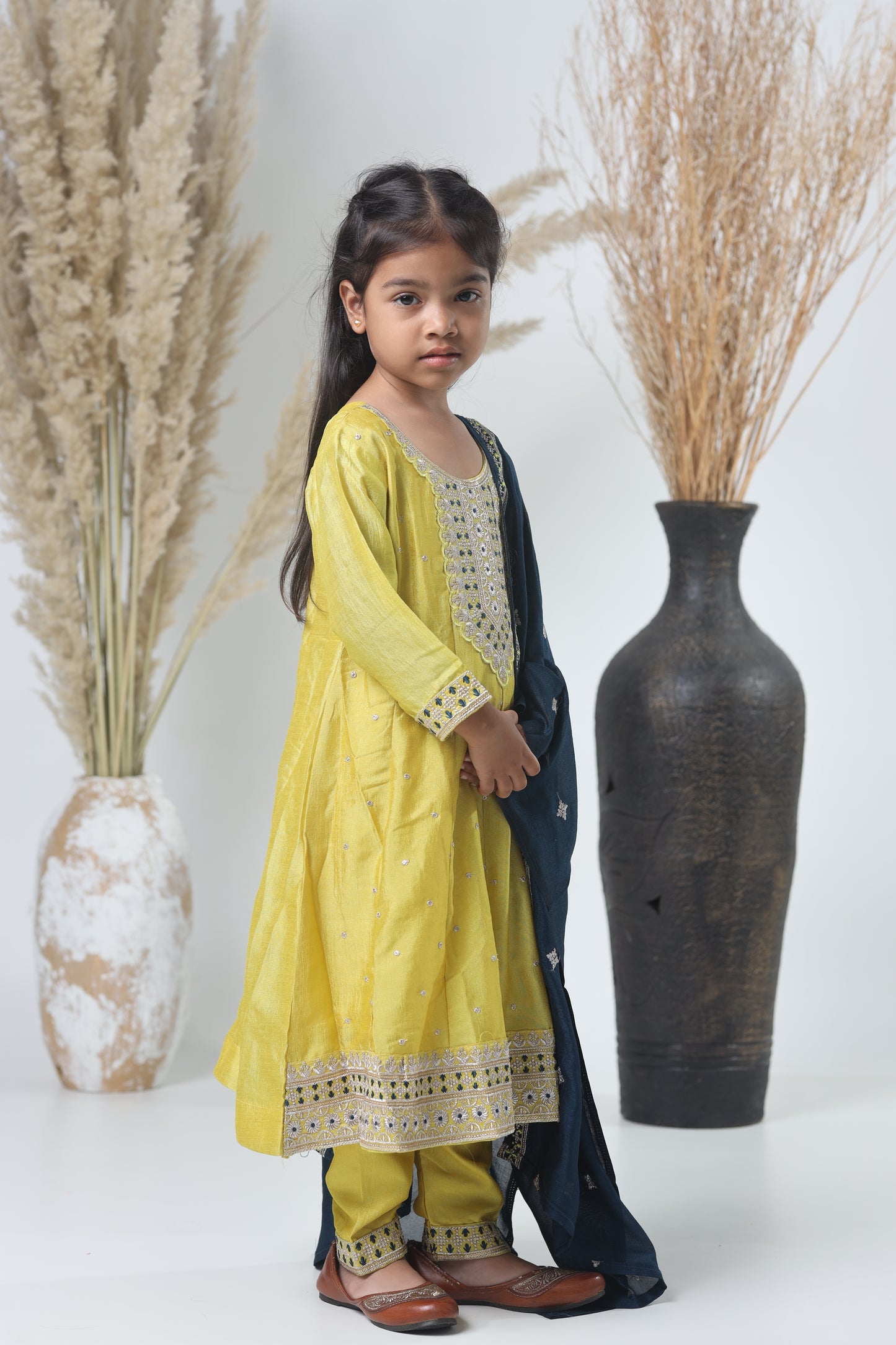 Girls Embroidered Yellow-Green Three-Piece Suit with Navy Dupatta