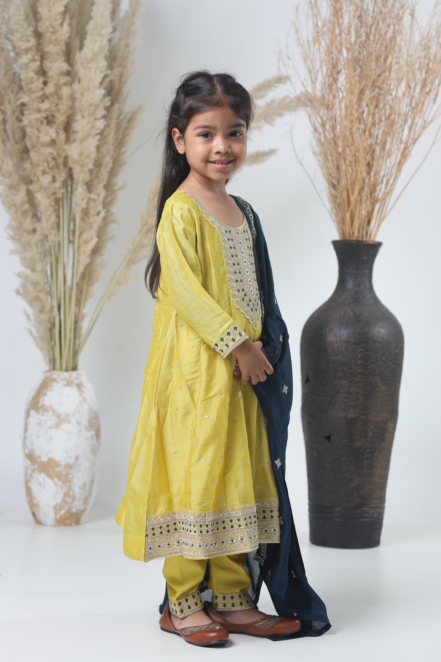 Girls Embroidered Yellow-Green Three-Piece Suit with Navy Dupatta