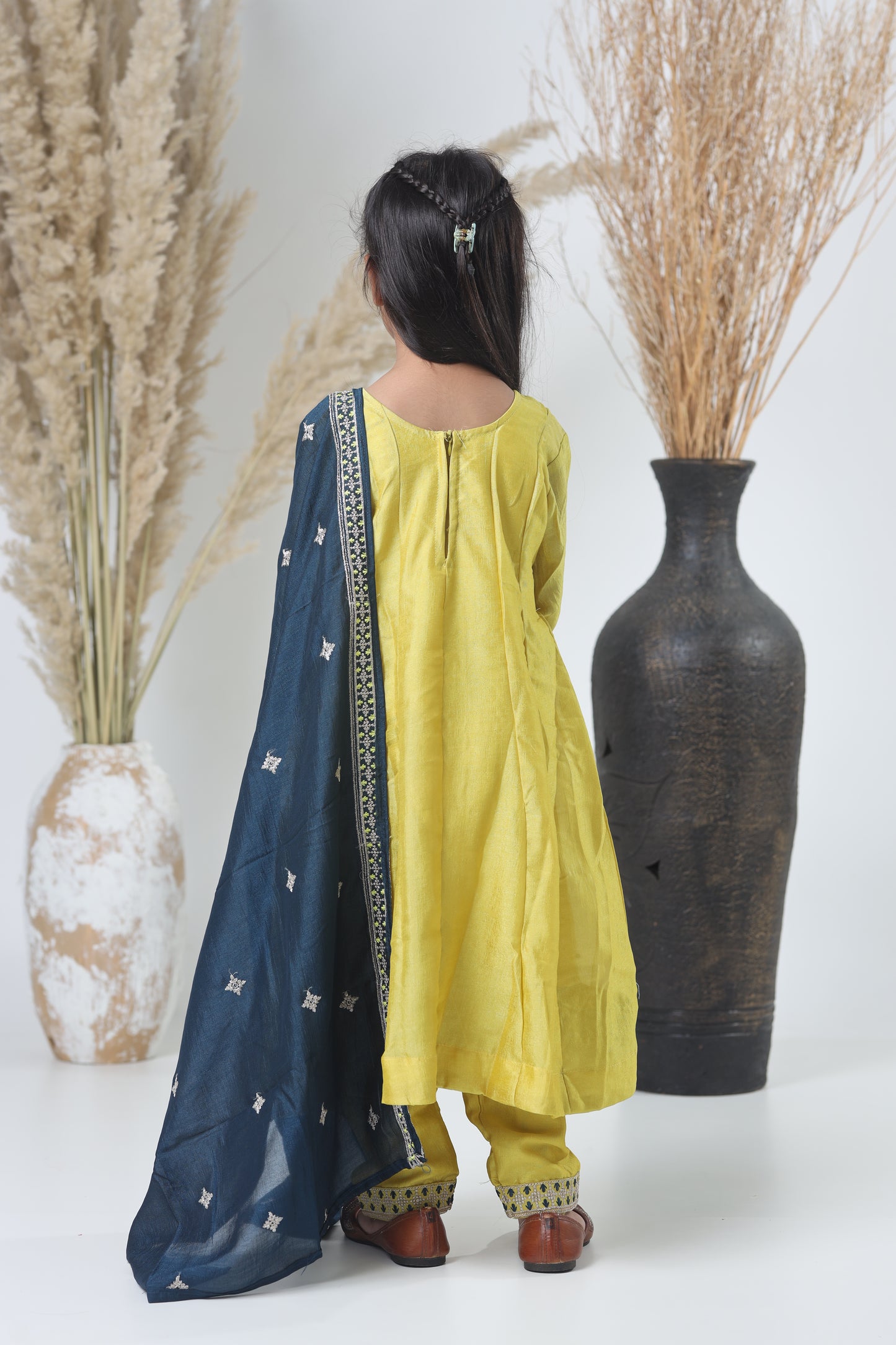 Girls Embroidered Yellow-Green Three-Piece Suit with Navy Dupatta