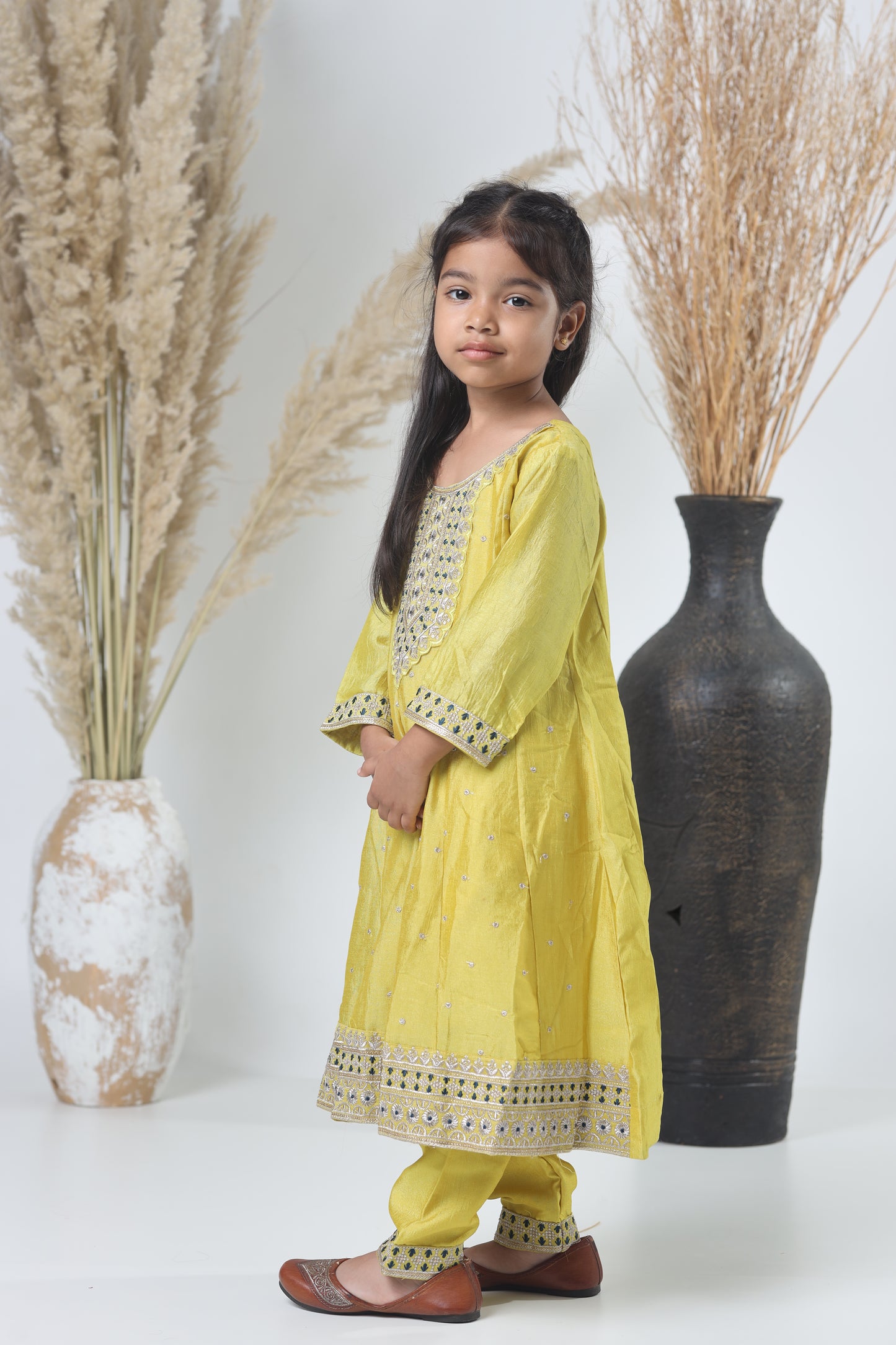 Girls Embroidered Yellow-Green Three-Piece Suit with Navy Dupatta
