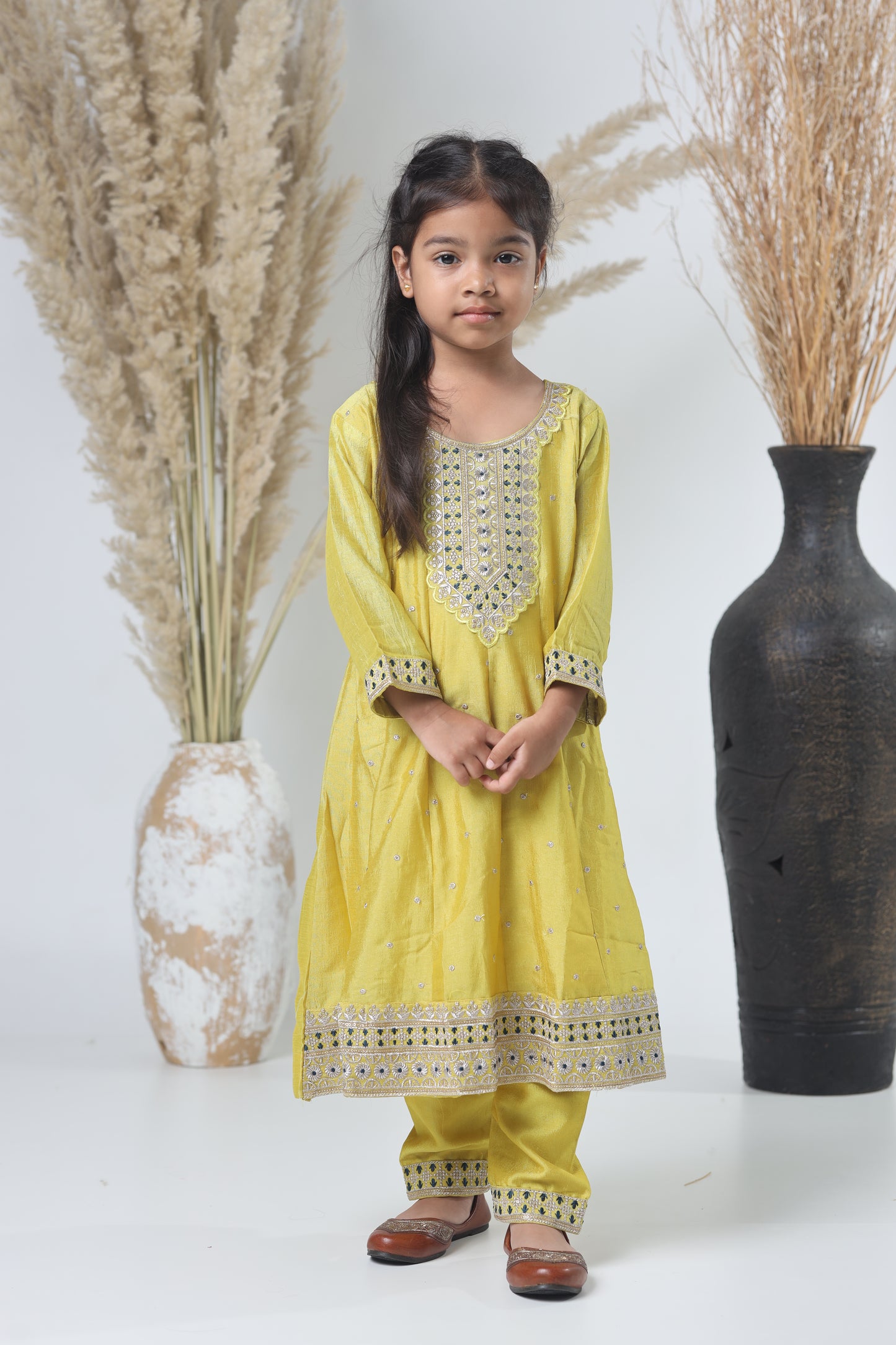 Girls Embroidered Yellow-Green Three-Piece Suit with Navy Dupatta