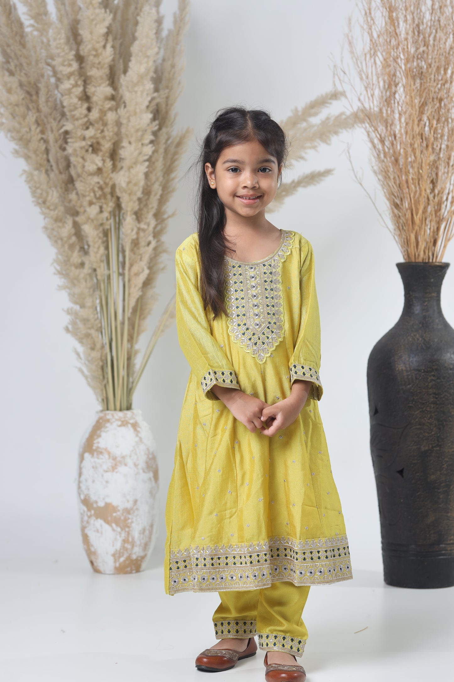 Girls Embroidered Yellow-Green Three-Piece Suit with Navy Dupatta