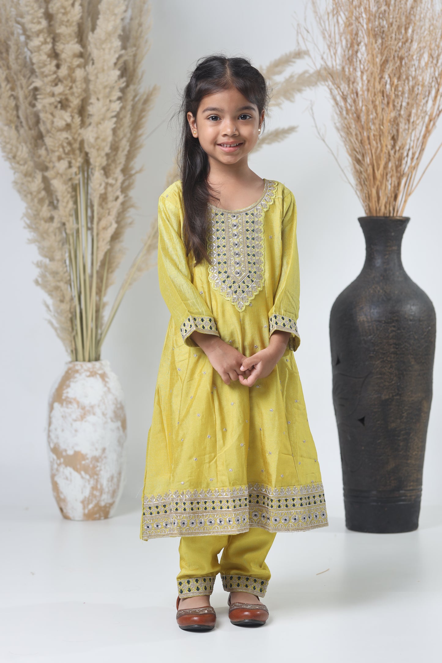 Girls Embroidered Yellow-Green Three-Piece Suit with Navy Dupatta