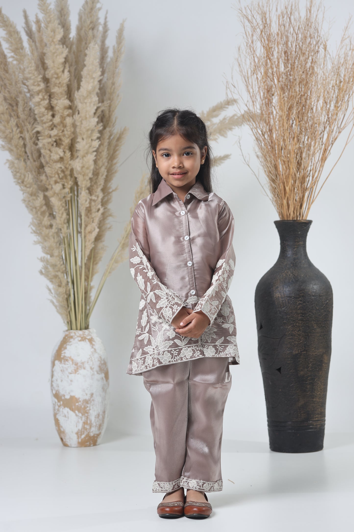 Kids Hand Work Cord Set – Copper with White Embroidery