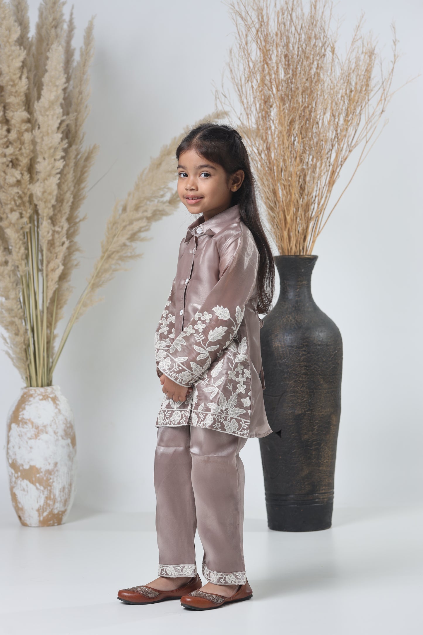 Kids Hand Work Cord Set – Copper with White Embroidery