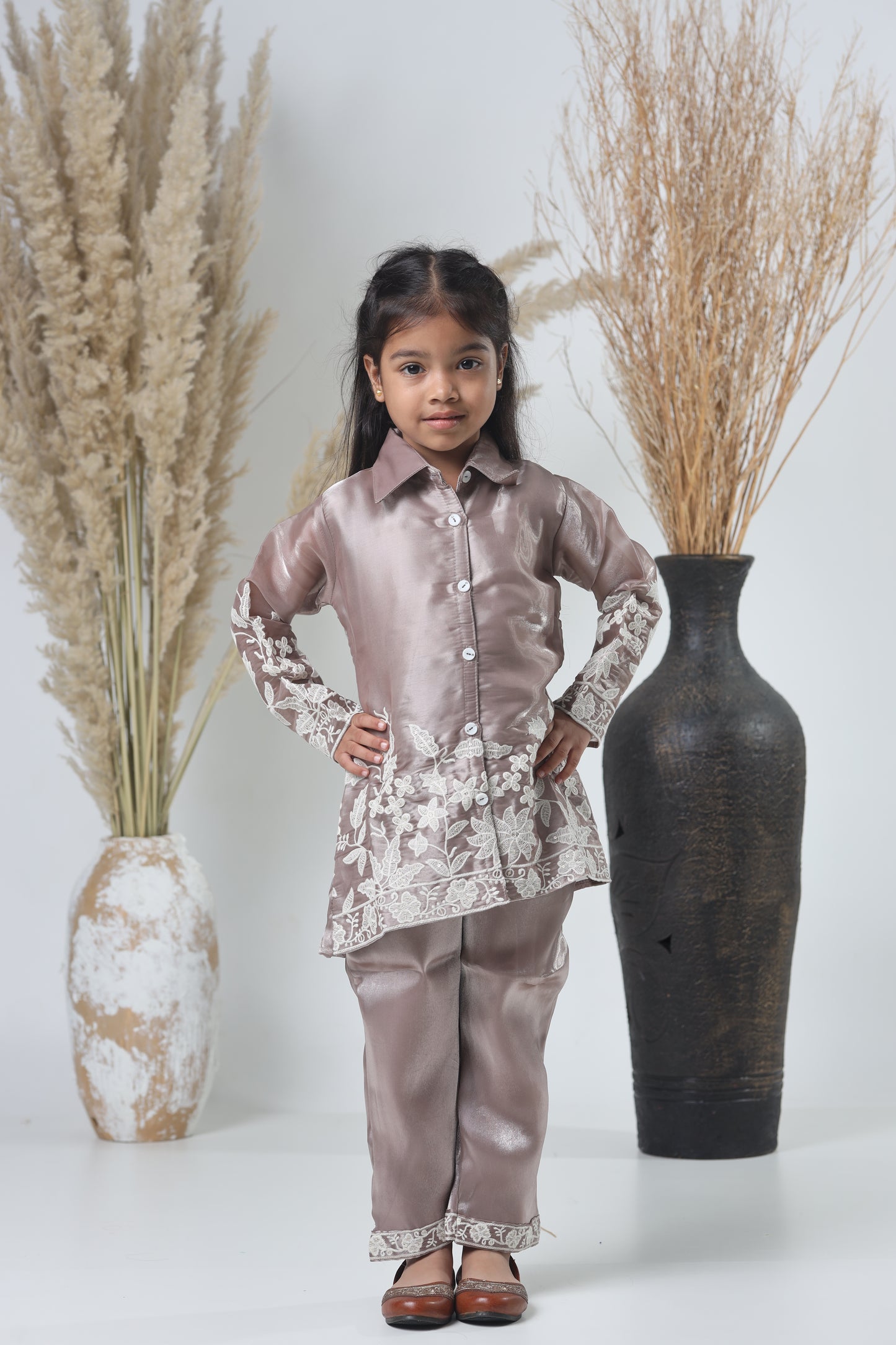 Kids Hand Work Cord Set – Copper with White Embroidery