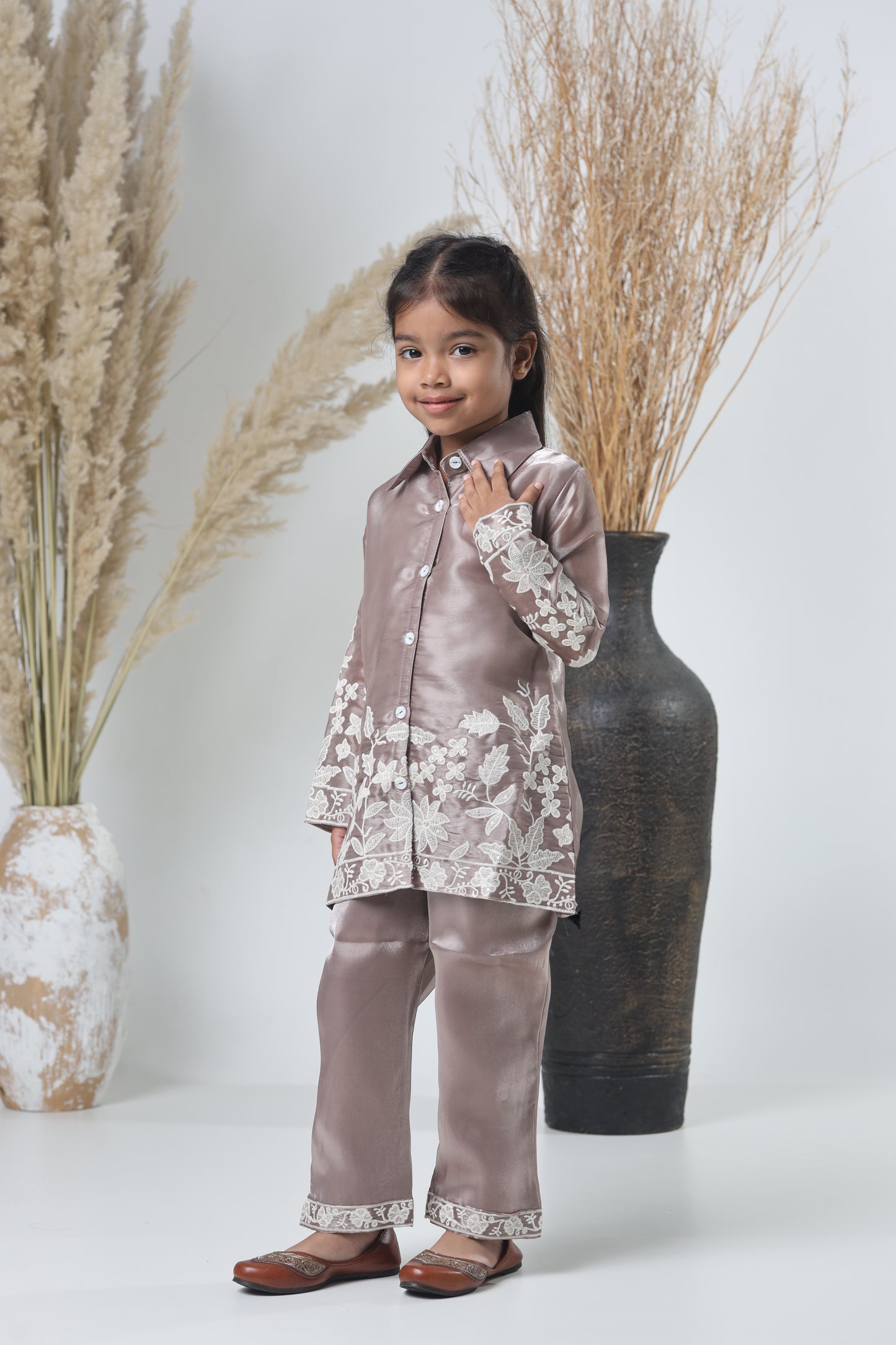 Kids Hand Work Cord Set – Copper with White Embroidery
