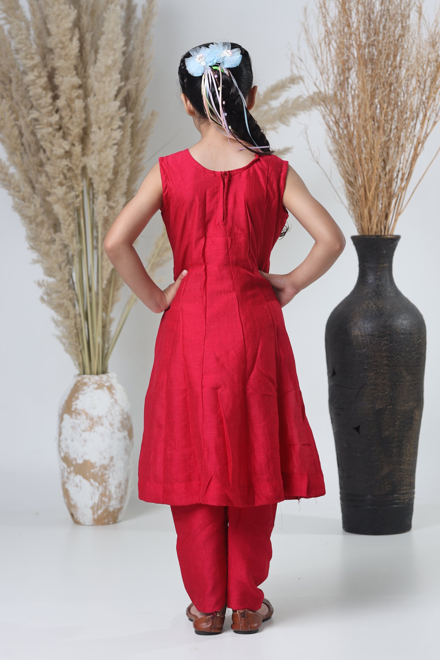 Girls Embroidered Red Meheroon Three-Piece Suit