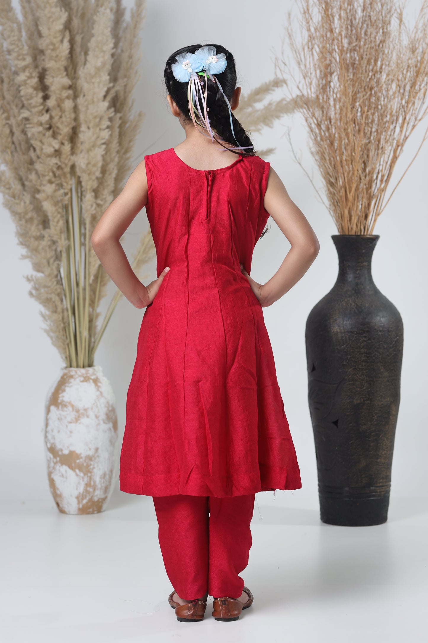 Girls Embroidered Red Meheroon Three-Piece Suit