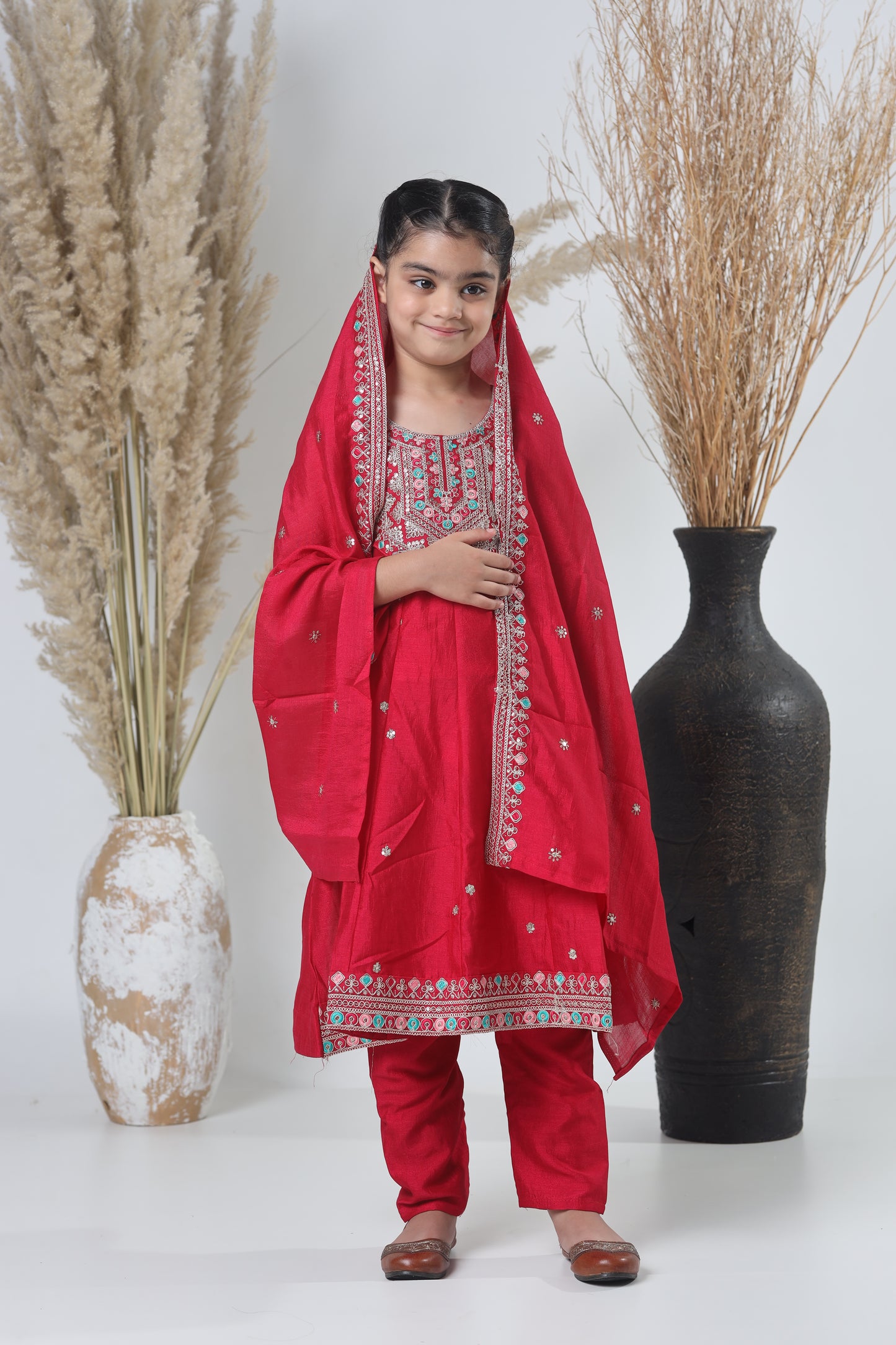 Girls Embroidered Red Meheroon Three-Piece Suit