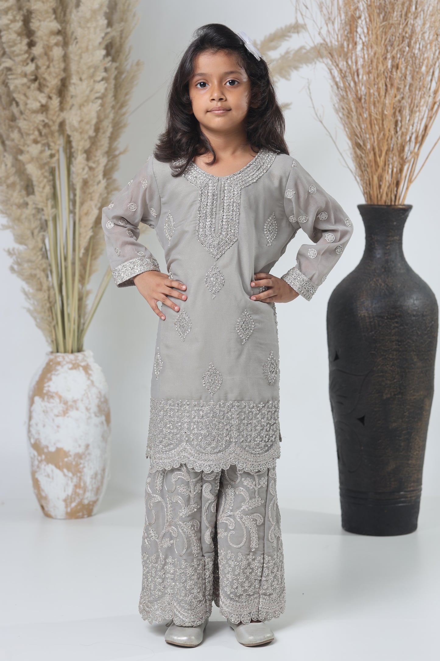 Grey Pakistani Garara Suit for Girls
