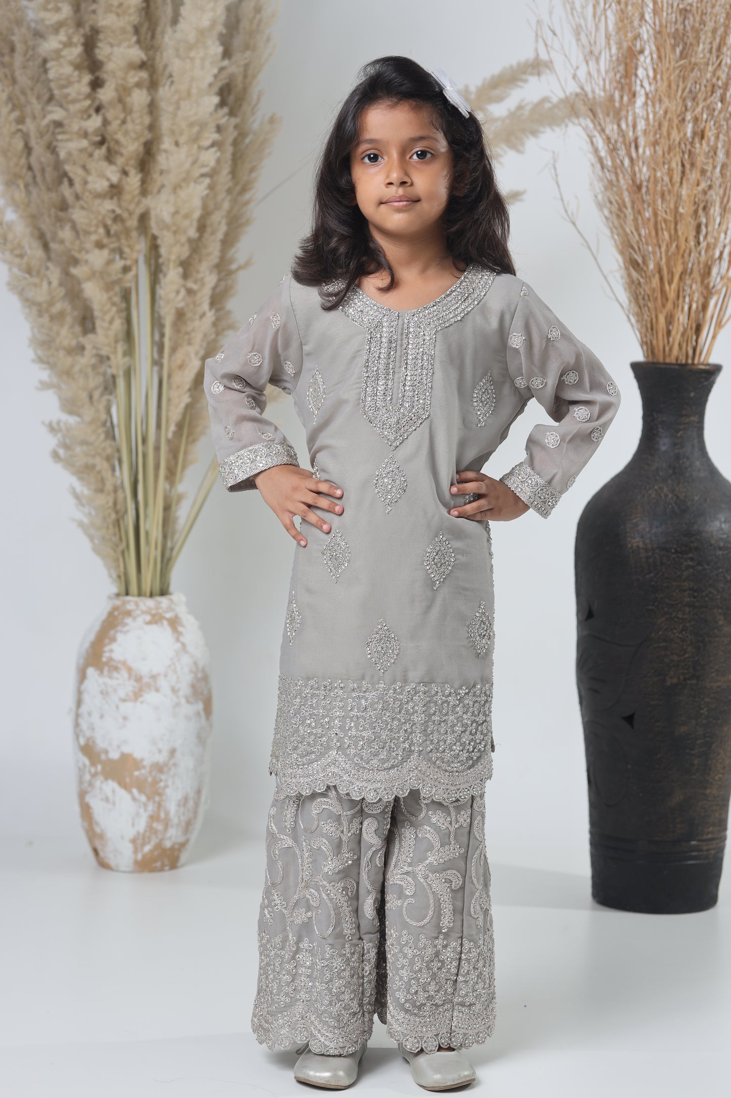 Grey Pakistani Garara Suit for Girls