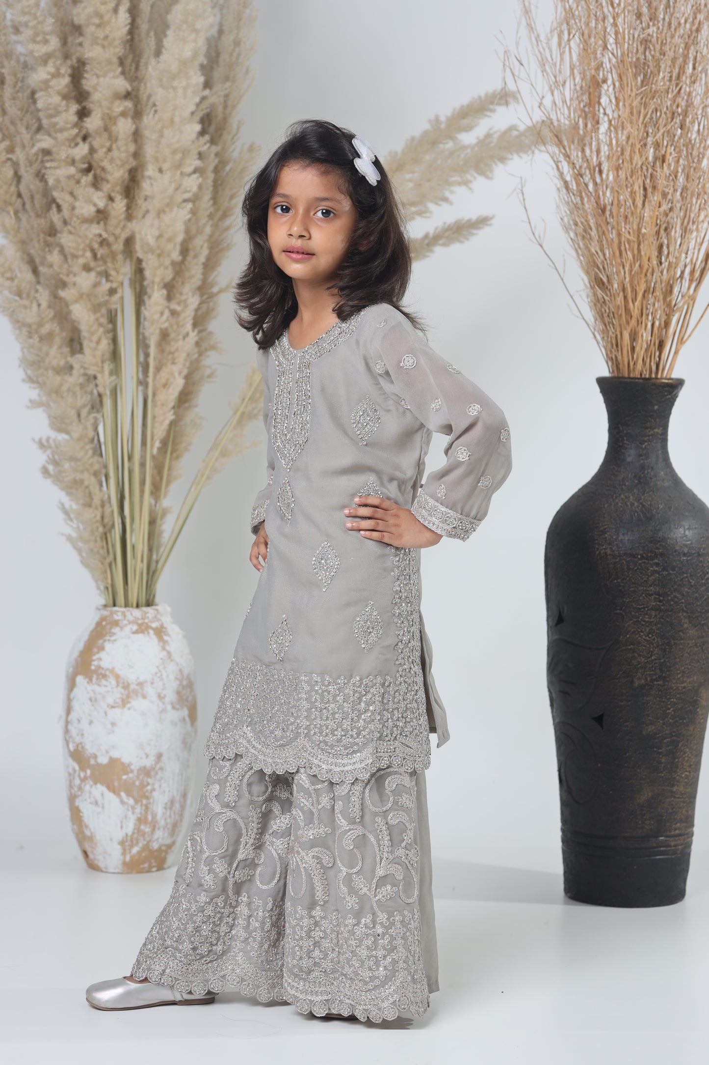 Grey Pakistani Garara Suit for Girls