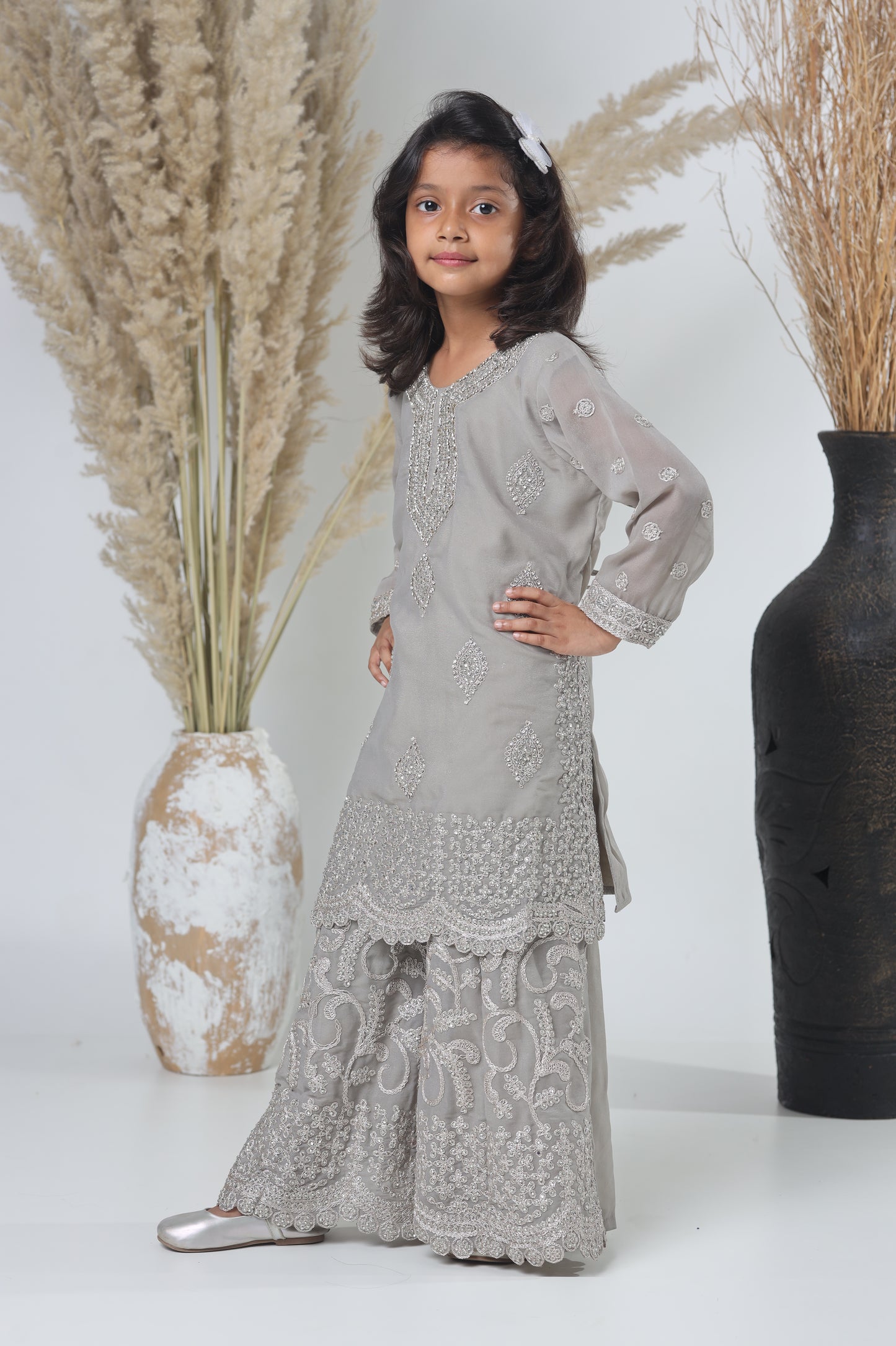 Grey Pakistani Garara Suit for Girls