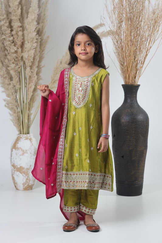 Mehendi Green Embroidered Three-Piece Suit for Girls
