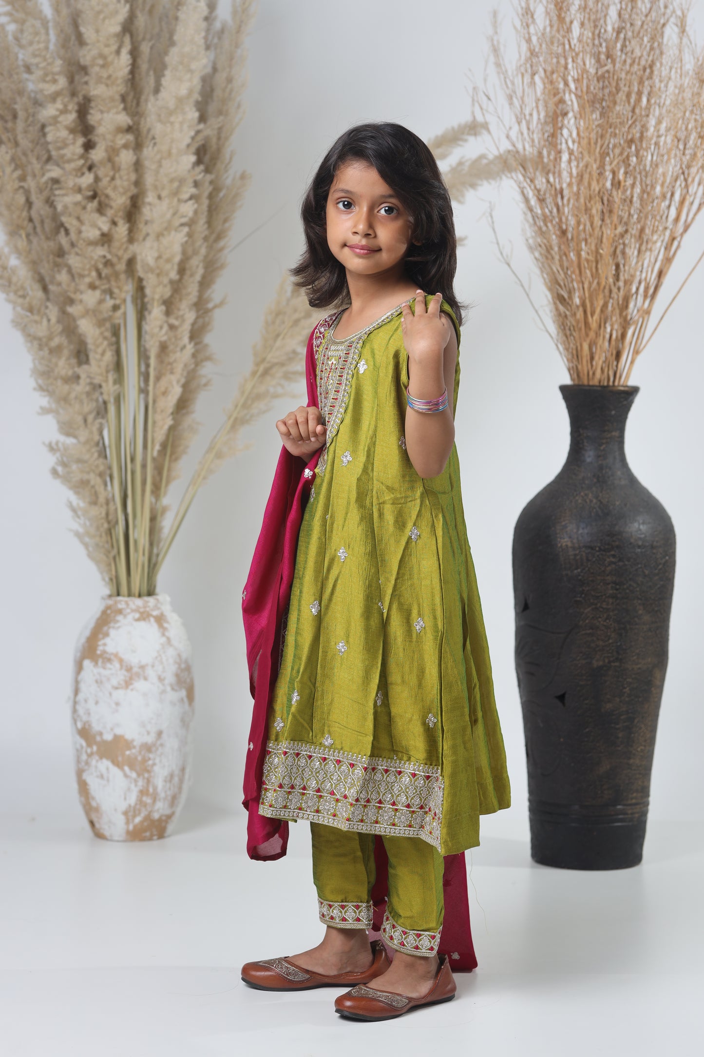 Mehendi Green Embroidered Three-Piece Suit for Girls