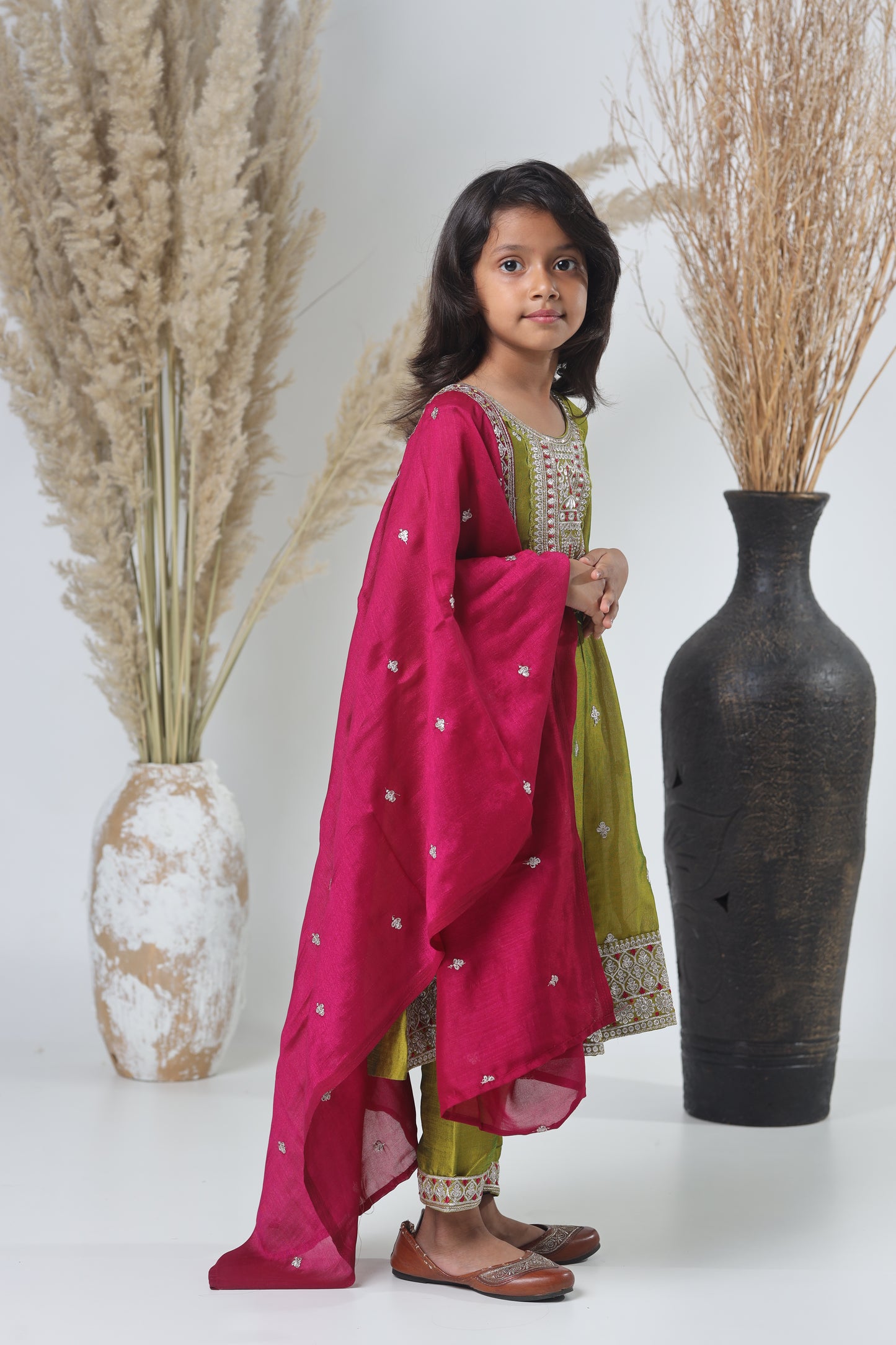 Mehendi Green Embroidered Three-Piece Suit for Girls