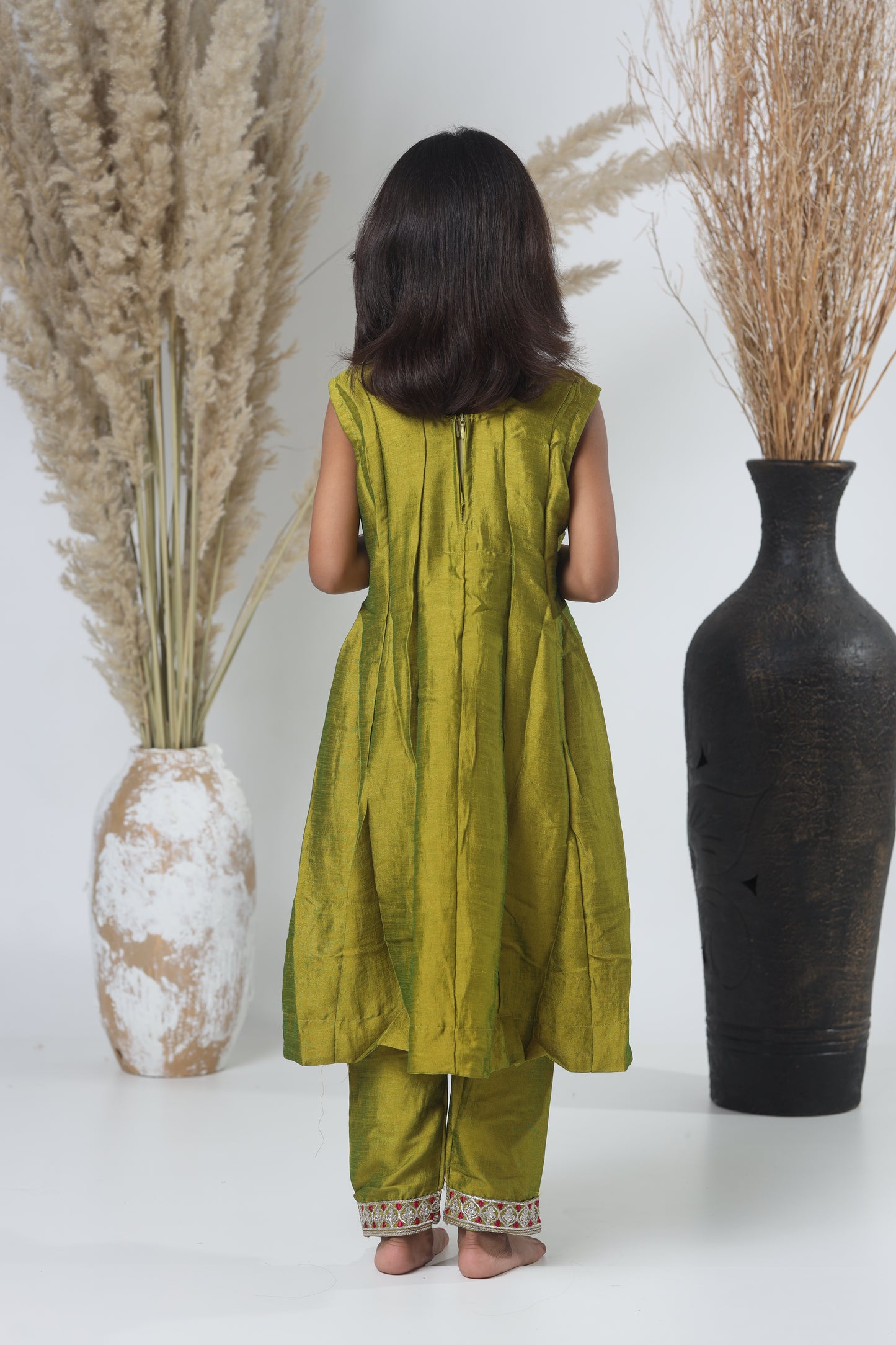 Mehendi Green Embroidered Three-Piece Suit for Girls