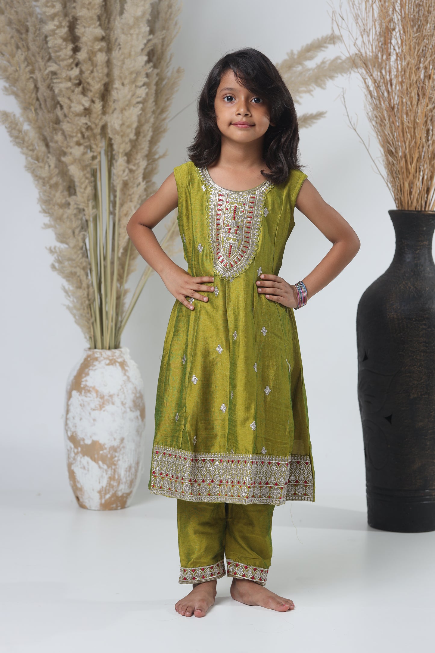 Mehendi Green Embroidered Three-Piece Suit for Girls