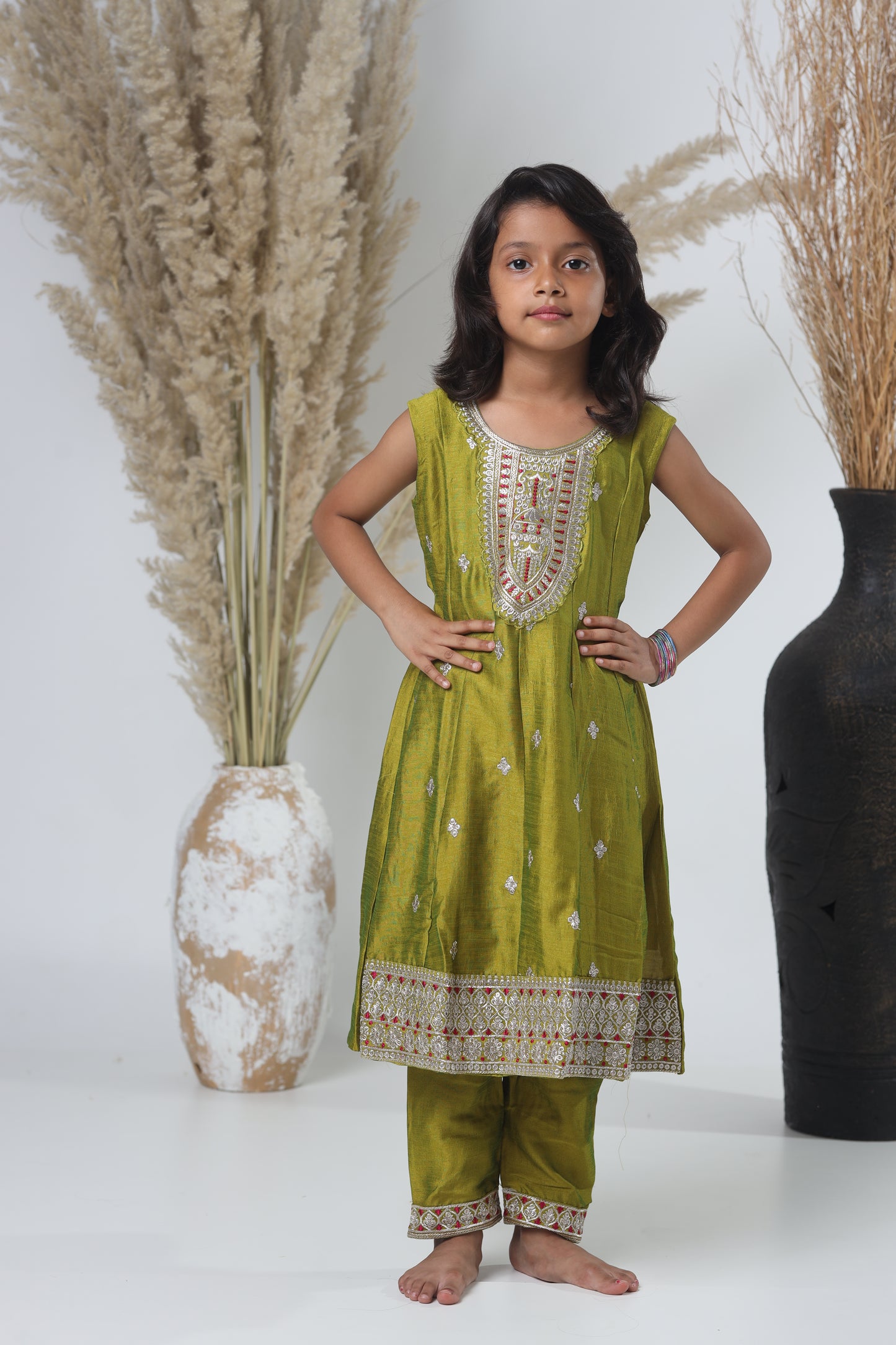 Mehendi Green Embroidered Three-Piece Suit for Girls