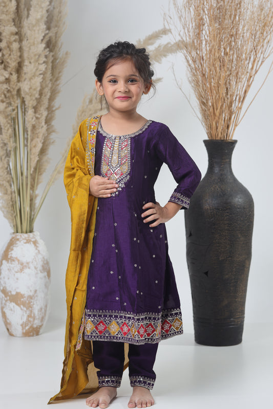 Yellow Mustard & Purple Embroidered Three-Piece Suit for Girls