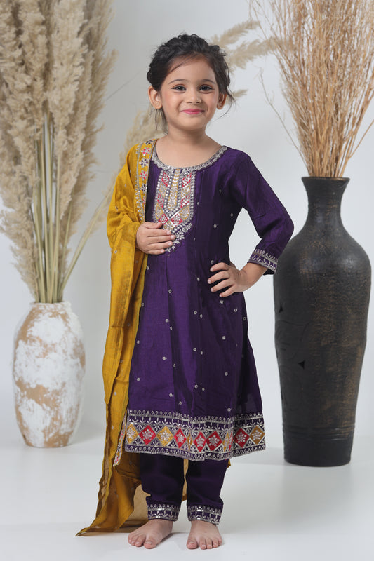 Yellow Mustard & Purple Embroidered Three-Piece Suit for Girls