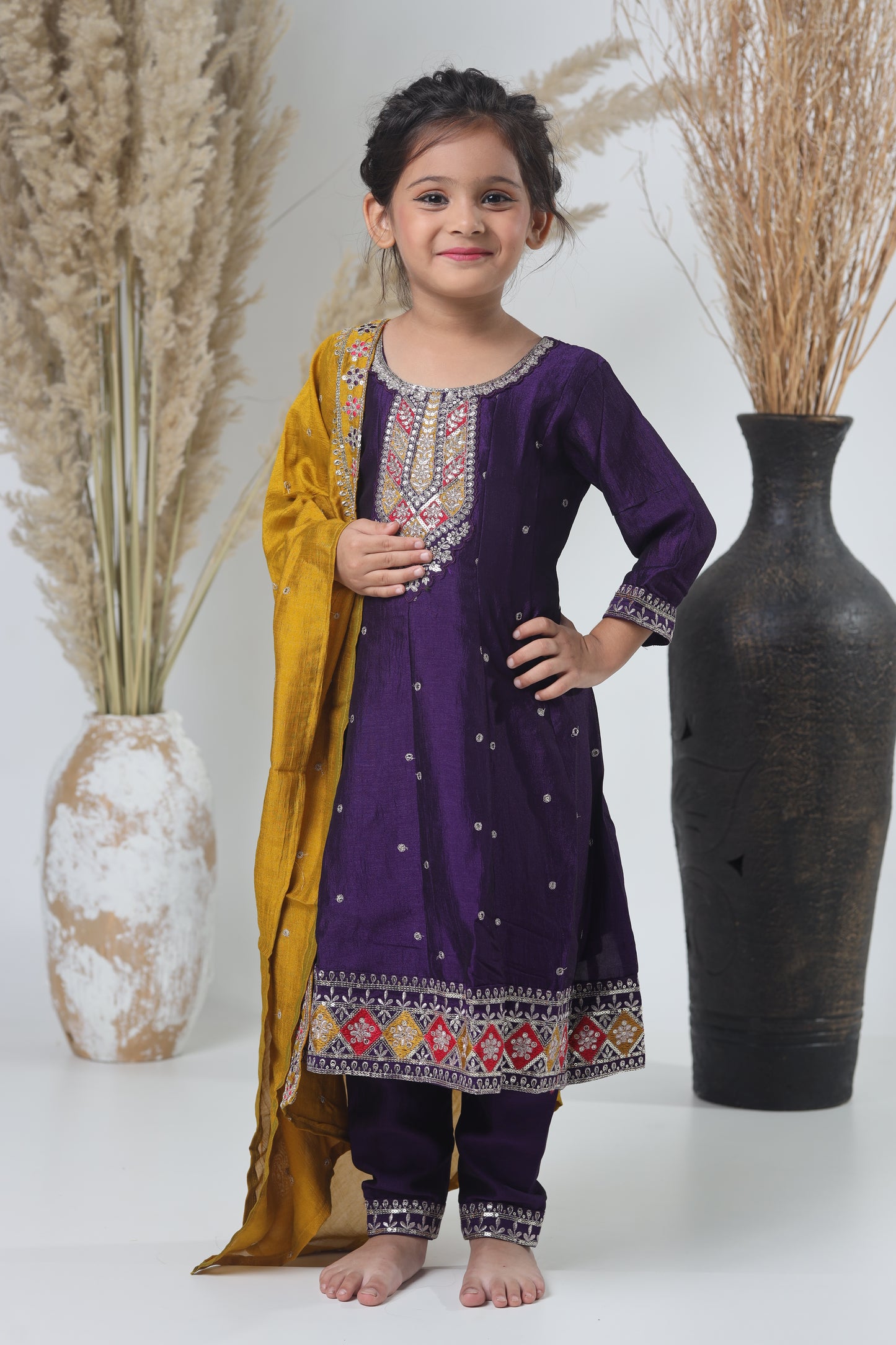 Yellow Mustard & Purple Embroidered Three-Piece Suit for Girls