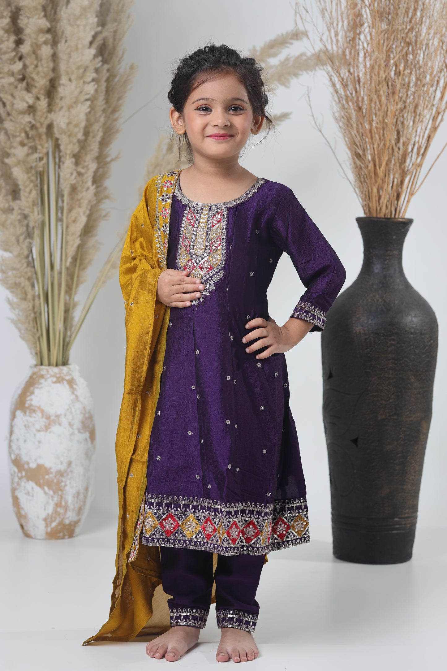 Yellow Mustard & Purple Embroidered Three-Piece Suit for Girls