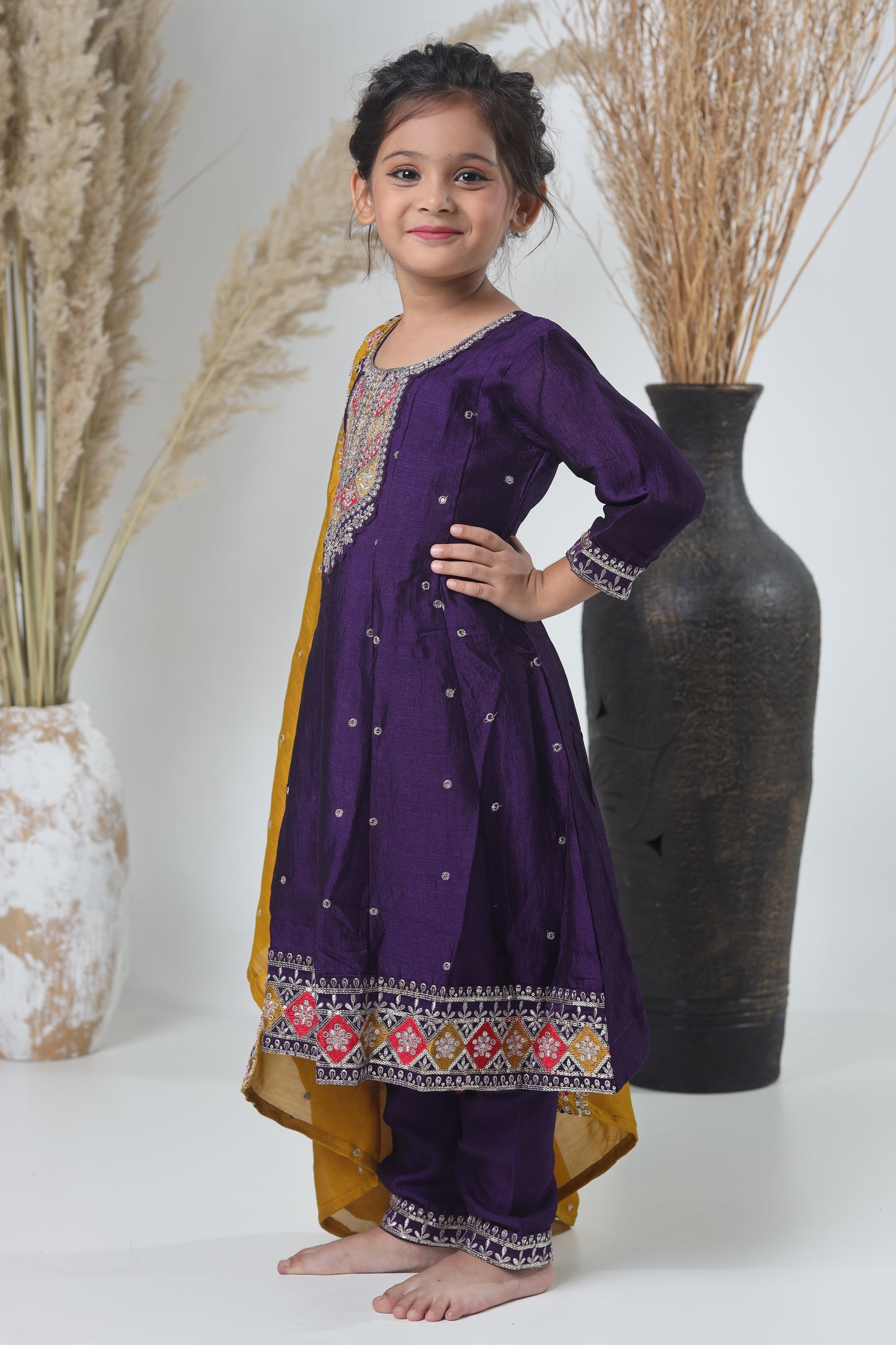 Yellow Mustard & Purple Embroidered Three-Piece Suit for Girls
