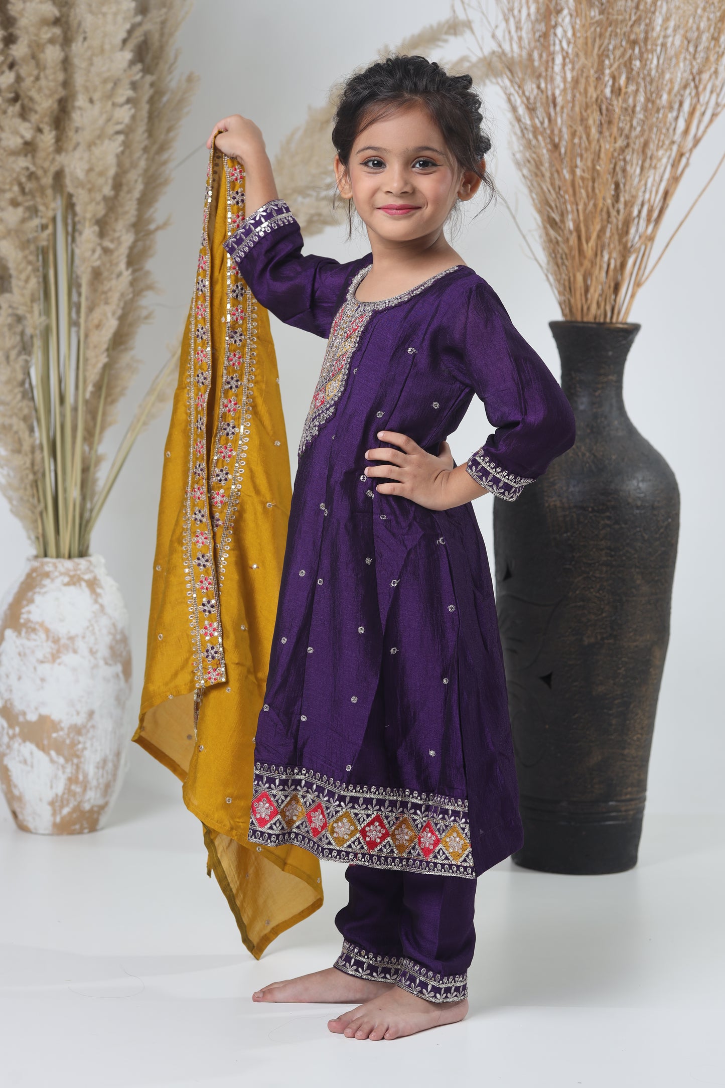 Yellow Mustard & Purple Embroidered Three-Piece Suit for Girls
