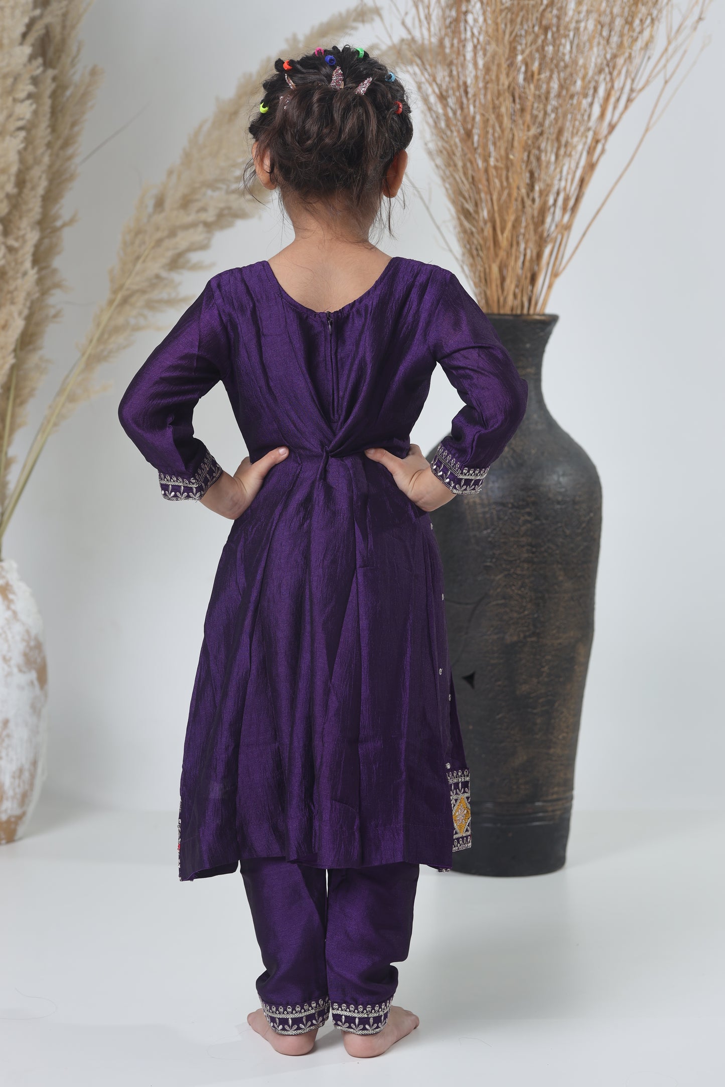 Yellow Mustard & Purple Embroidered Three-Piece Suit for Girls