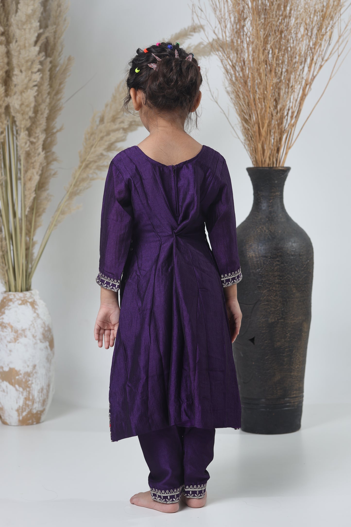 Yellow Mustard & Purple Embroidered Three-Piece Suit for Girls