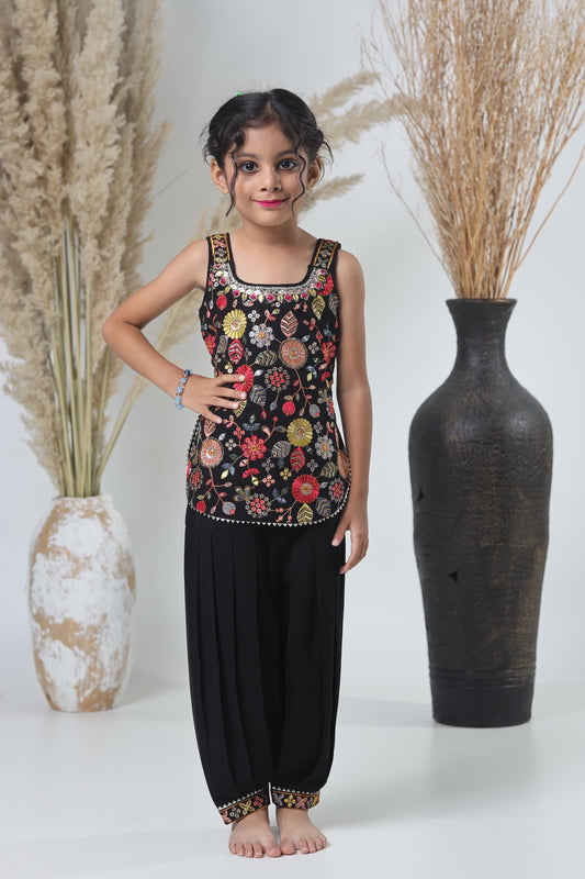 Kids Hand Work Sharara Set – Black & Multicolor Embroidery