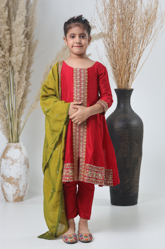 Mehroon & Green Embroidered A-Line Three-Piece Suit for Girls