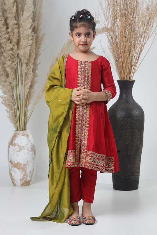 Mehroon & Green Embroidered A-Line Three-Piece Suit for Girls