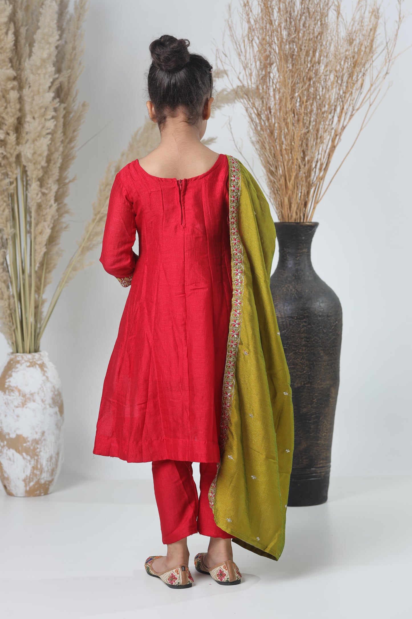 Mehroon & Green Embroidered A-Line Three-Piece Suit for Girls