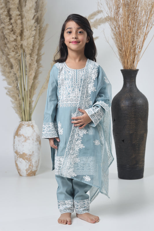 Kids Hand Work Three Piece Suit – Light Gray with White Embroidery