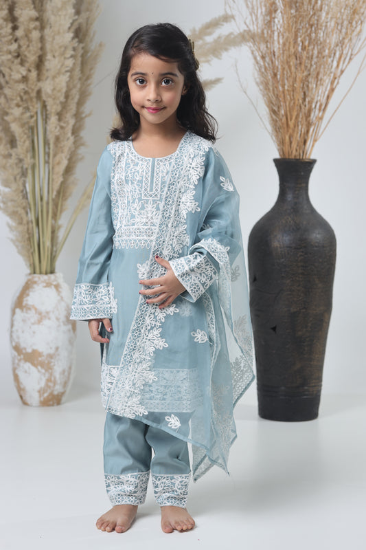 Kids Hand Work Three Piece Suit – Light Gray with White Embroidery